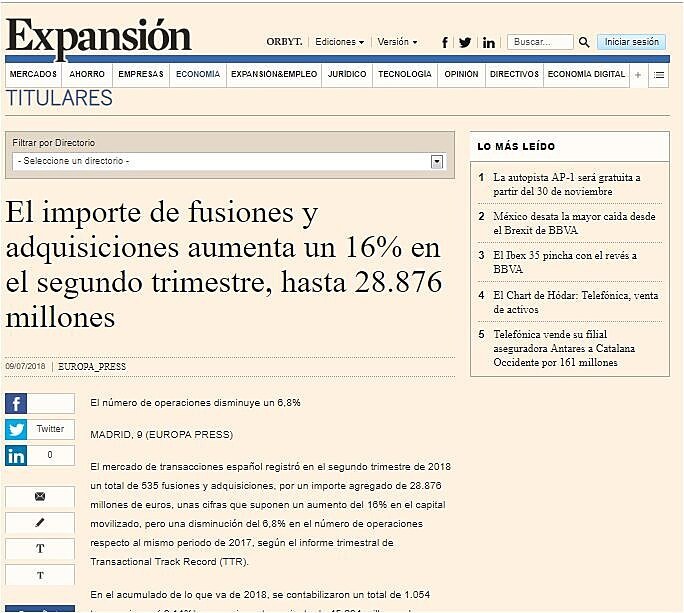 El importe de fusiones y adquisiciones aumenta un 16% en el segundo trimestre, hasta 28.876 millones